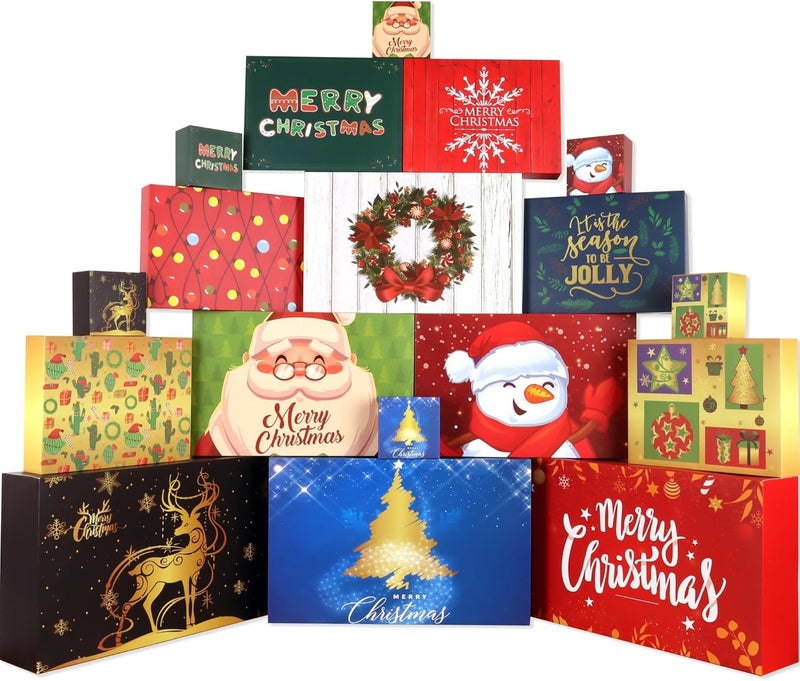 Giiffu 18 Christmas Cardboard Gift Boxes with Lids, 12 Designs and 4 Sizes with Gift Stickers, Assorted Size Xmas Decorative Gift Boxes for Wrapping Robes, Sweater, Shirt, Clothes, Holiday Present - Image 1